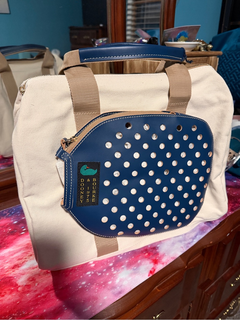 Dooney & Bourke Canvas Pickleball Duffle 40 in Natural Ocean